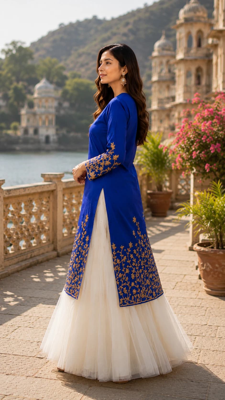 Editorial fashion photography showing a blue and gold embroidered outfit beside a palace lake