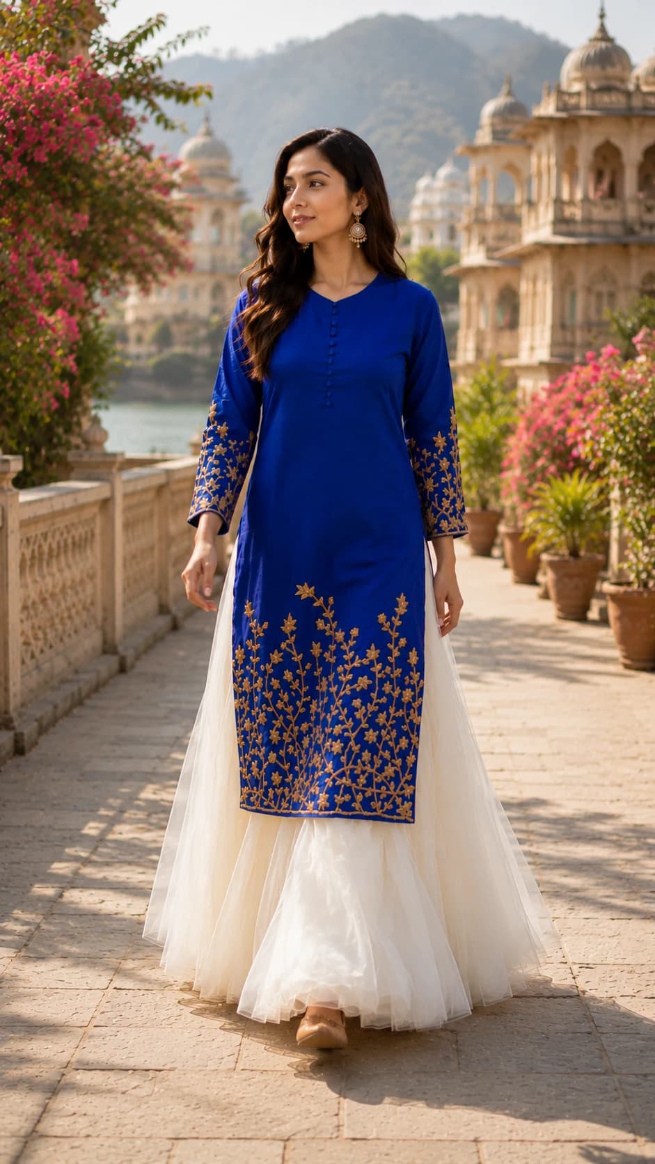 Walking fashion campaign image featuring blue embroidered clothing in a heritage setting