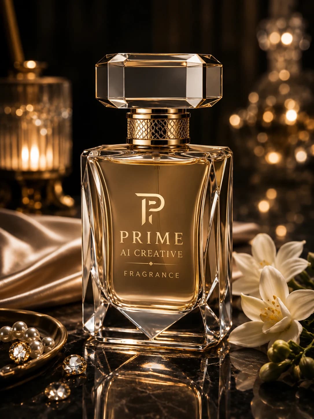 Premium perfume product photography with clear glass bottle, white flowers and gold lighting