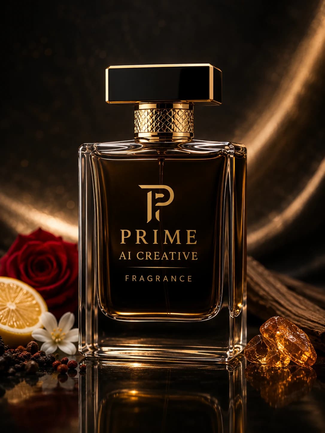 Luxury fragrance campaign image with dark amber perfume bottle and cinematic warm highlights