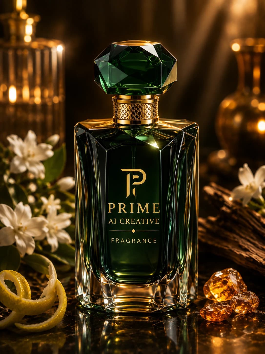 Green luxury perfume bottle photographed with botanicals, citrus and premium campaign styling