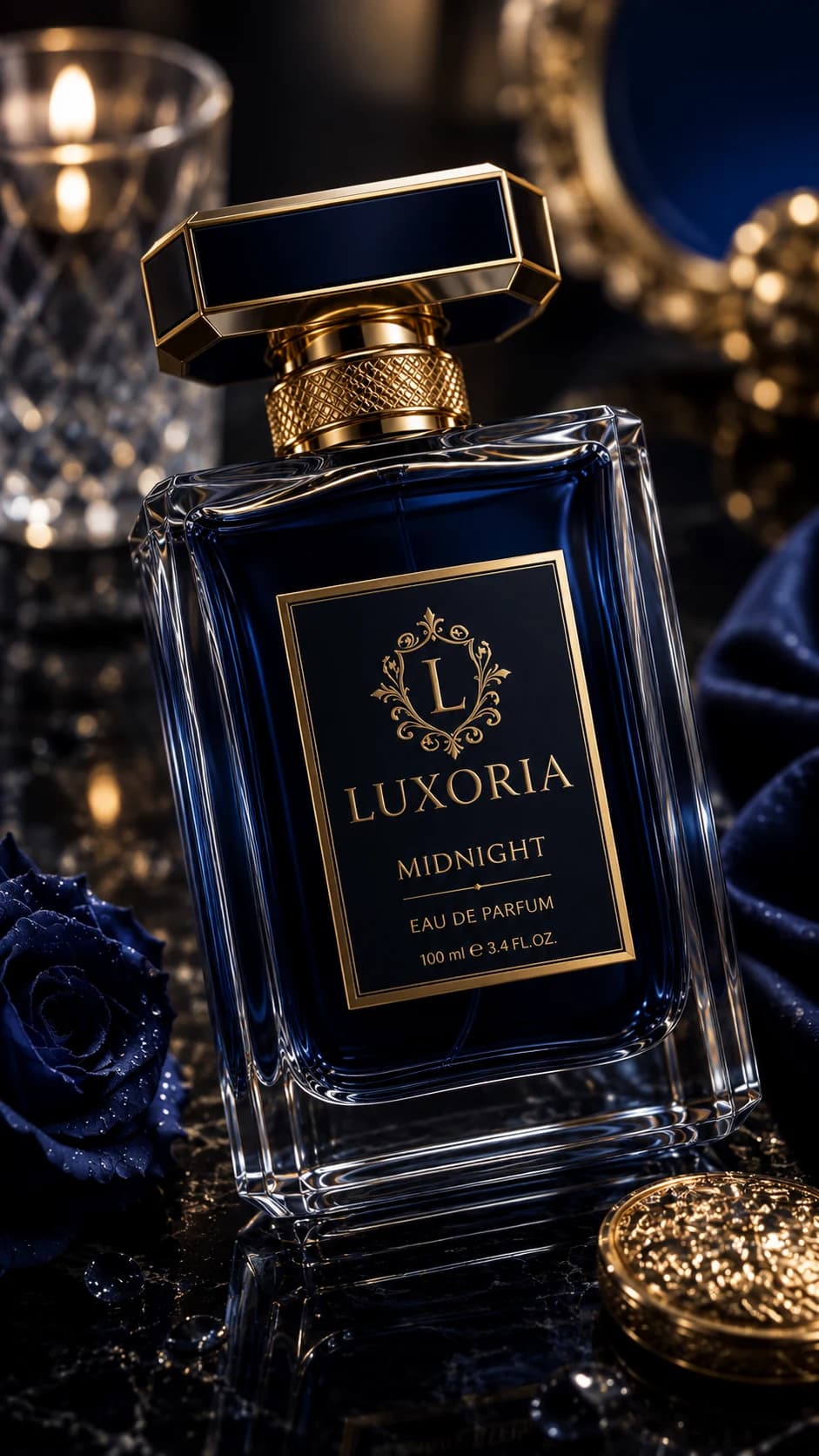 Blue luxury perfume bottle photographed in a cinematic fragrance advertising setup