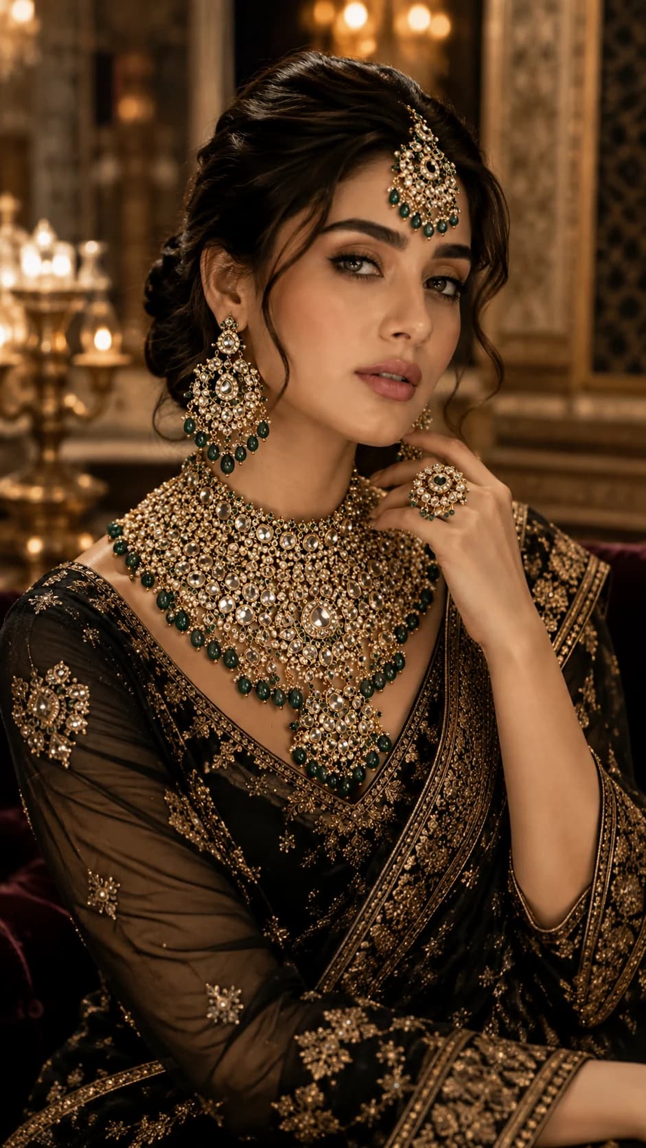 Commercial jewellery photography featuring ornate emerald and gold bridal jewellery in warm cinematic light