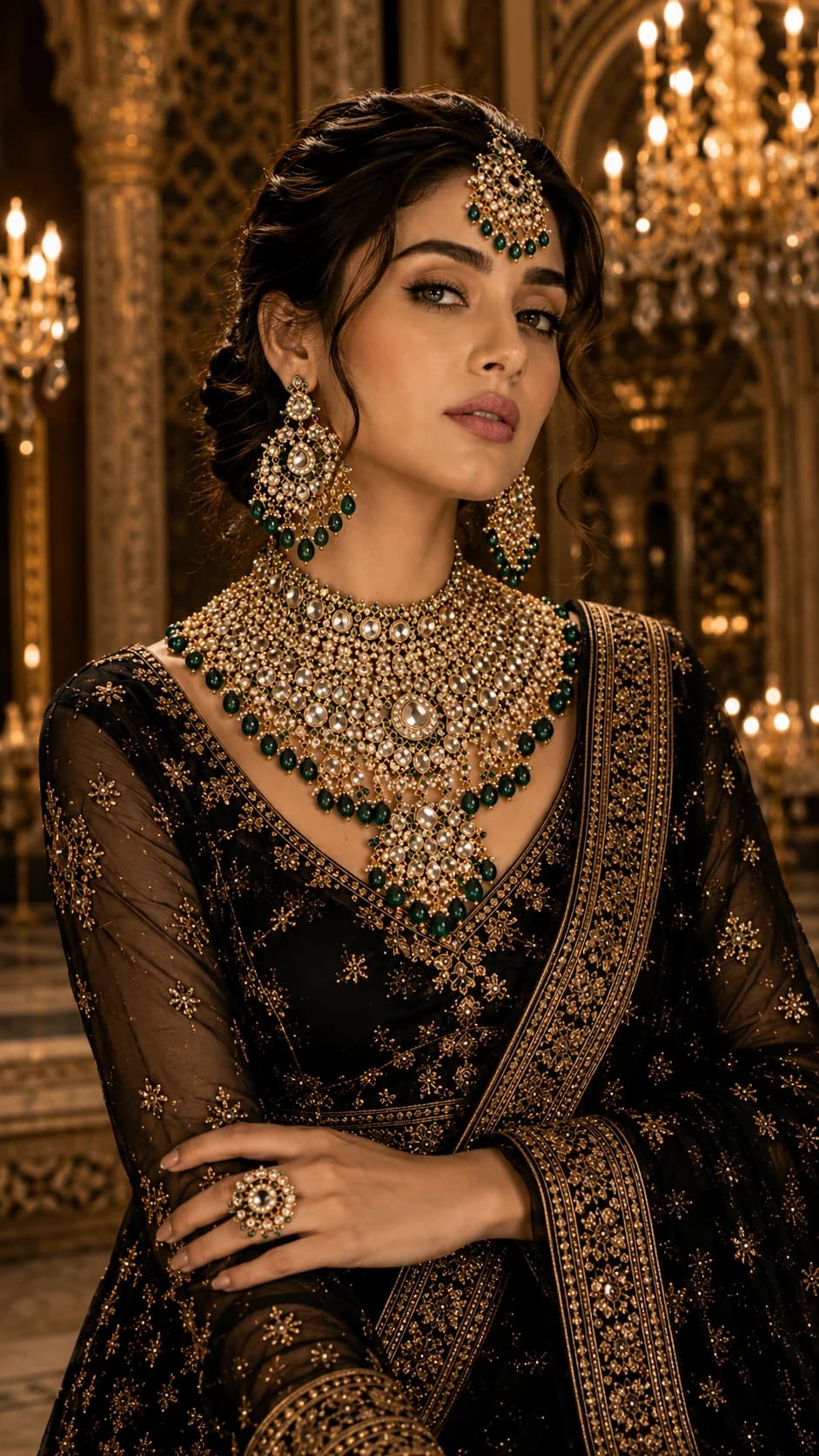 Luxury jewellery advertising portrait showcasing necklace, earrings and ring in an editorial campaign setting