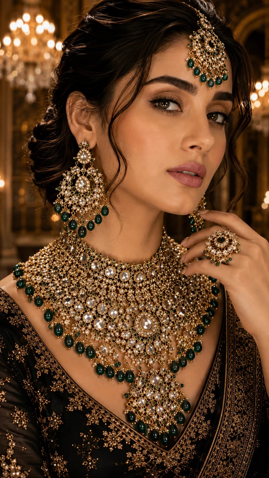 Close-up jewellery campaign photography highlighting gold, crystal and emerald product detail