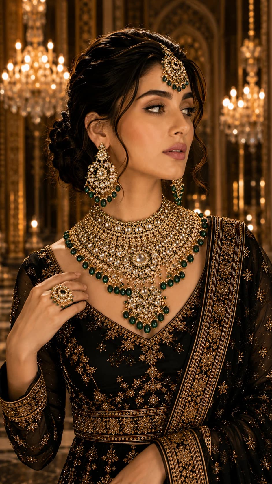 Premium jewellery photoshoot portrait with statement necklace and earrings for a luxury advertising campaign